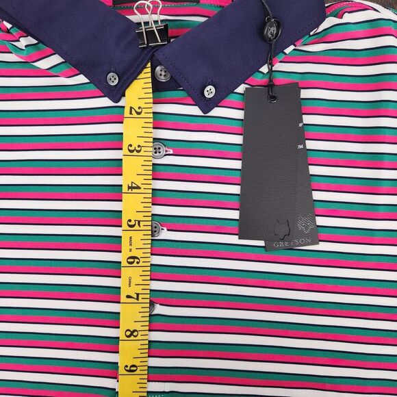 New Greyson Mens‎ Golf Polo Maniwaki Arctic Green/Pink/White Striped XL NWT - Picture 9 of 10